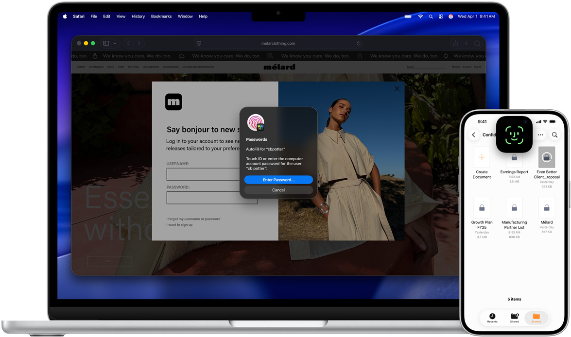 Un MacBook donde se ve la ventana de Touch ID, con el fondo de pantalla de macOS Tahoe. Frente al MacBook hay un iPhone con la pantalla de Face ID.