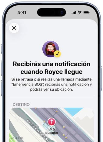 La pantalla de un iPhone muestra una confirmación de que se ha configurado una notificación de Buscar. El texto dice «Recibirás una notificación cuando Pedro llegue» y en la parte inferior de la pantalla aparece un mapa con la ubicación establecida.