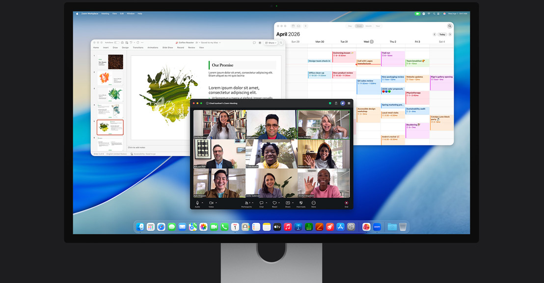 En iMac med en videosamtale på Zoom med flere deltakere, en kalender og en presentasjon åpen i bakgrunnen