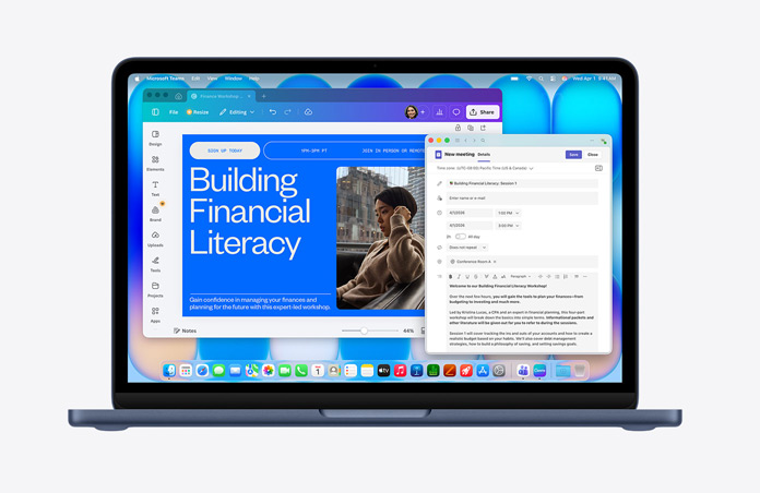 MacBook Neo i midnatt viser en nettside med tittelen «Økonomikunnskap for begynnere», med et bilde av en person, et åpent e-postutkast, en menylinje med forskjellige symboler, Dock nederst med appsymboler.