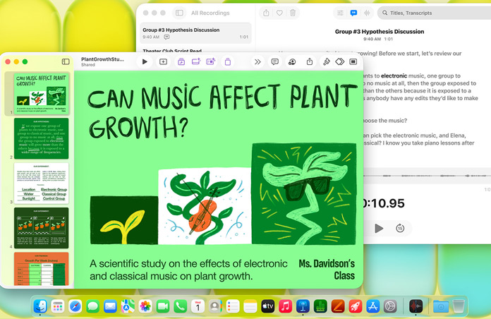 Ein Mac Display zeigt eine Keynote Präsentation mit dem Titel «Kann Musik das Pflanzenwachstum beeinflussen?» neben einem Sprachmemos Transkript, was die Vielseitigkeit zeigt