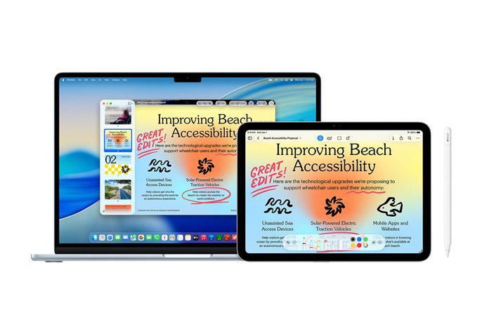 Ein Mac und ein iPad zeigen dieselbe Präsentation mit roten Apple Pencil Anmerkungen, was die geräteübergreifende Integration verdeutlicht, mit einer Vorderansicht des Apple Pencil