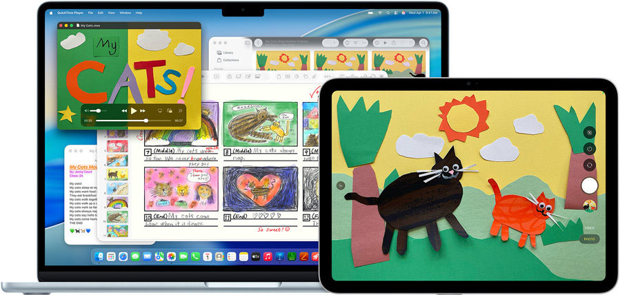 Un Mac y un iPad muestran una presentación creativa con animales texturizados, se ilustra la versatilidad de los dispositivos