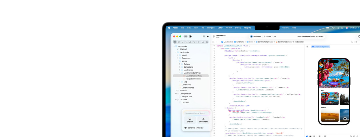 Xcode läuft auf einem Mac, mit dem KI Programmierassistenten Claude Agent und einer App Vorschau auf dem iPhone