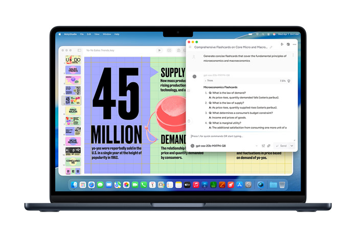 Un MacBook muestra una pantalla de Msty Studio con fichas de macroeconomía para ilustrar las funciones de IA en el dispositivo