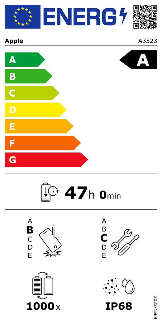 Etiqueta energética da UE, código QR e informações, modelo A3523 da Apple, classe A, classes de eficiência energética (na escala de A a G), A (mais eficiente) a G (menos eficiente), autonomia da bateria por ciclo, 47 horas e 0 minutos por carga completa da bateria, classe B de fiabilidade em queda livre repetida, A (mais robusto) a E (menos robusto), classe C de reparabilidade, A (mais reparável) a E (menos reparável), 1000 ciclos de autonomia da bateria, classificação IP68 de proteção contra a entrada de pó e água, regulamento 2023/1669.