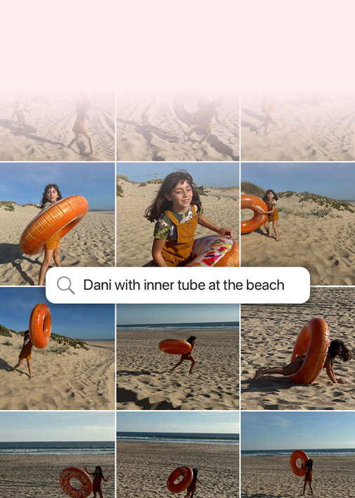 Feature Demonstration: Suchen in natürlicher Sprache in Fotos. Fotos eines Hundes mit der Suchanfrage über den Fotos: «Bandit in Kostümen»