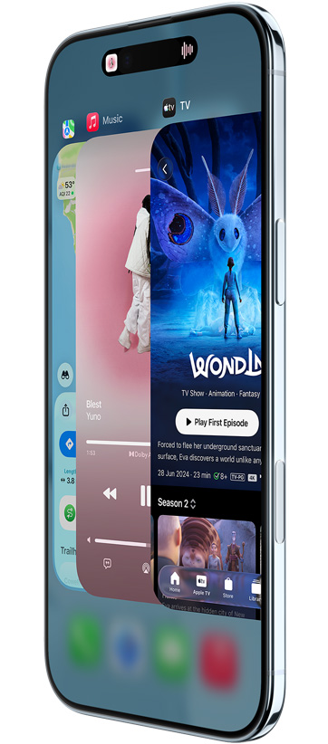 iPhone Air, etupuoli, sivunäkymä, näkyvillä seuraavat apit: Kartat, Musiikki ja Apple TV, näkyvillä käytössä oleva apinvaihtaja-ominaisuus