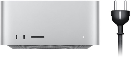 Mac Studio, de face, deux ports USB-C, lecteur de carte SDXC, voyant lumineux de statut, base fuselée, partie supérieure plate, angles arrondis, arêtes droites, couleur argent, cordon d’alimentation noir avec prise à trois broches