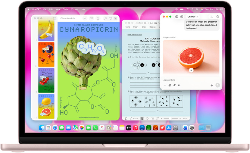 MacBook Neo, kleur Blos, met ChatGPT om een afbeelding van een grapefruit te genereren, op andere vensters staan een Keynote-document met afbeeldingen van groenten en fruit en de bijbehorende moleculaire verbindingen, en een gerelateerd Microsoft Word-document
