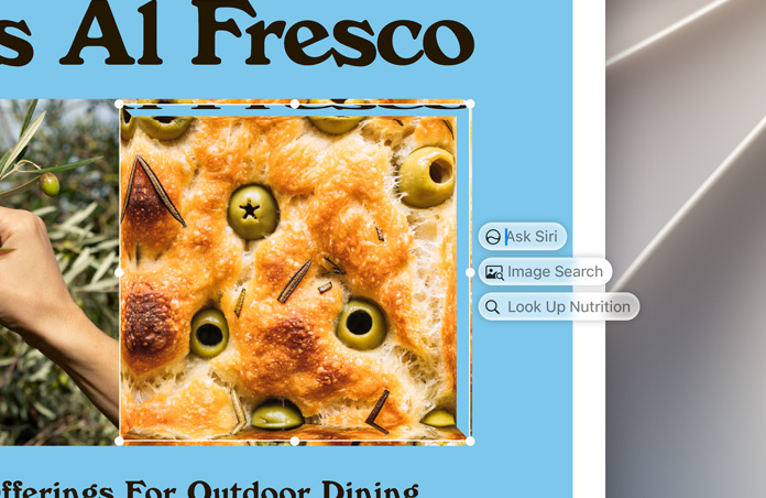 Las opciones de inteligencia visual, Consultar a Siri, Búsqueda de Imágenes y Valor Nutricional aparecen a la derecha de una imagen destacada de unas aceitunas horneadas en una focaccia