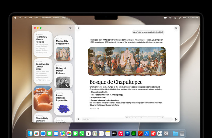 MacBook Pro de 14 pulgadas en negro espacial, la pantalla muestra la app Siri con una conversación activa de Siri AI y conversaciones anteriores en la barra lateral.