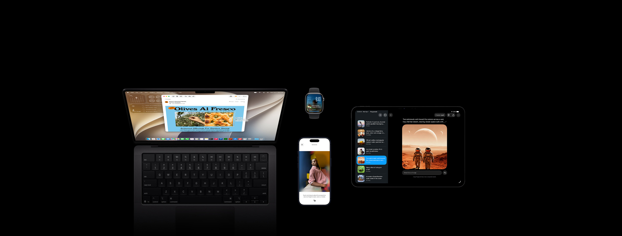 Cuatro productos: iPhone 17 Pro, azul oscuro, con la prestación de edición de fotos Reencuadrar y la imagen de una persona apoyada en una encimera; Apple Watch Series 11, 46 mm, gris espacial, muestra la fecha con la pantalla bloqueada y un recordatorio de cumpleaños en Calendario en Grupo Inteligente; MacBook Pro de 14 pulgadas, negro espacial, con una demostración de inteligencia visual a partir de una captura de pantalla de una focaccia de aceitunas en un email con varias consultas sobre la imagen; y iPad Pro de 11 pulgadas, negro espacial, con Image Playground y una imagen de dos astronautas seleccionada en la lista de la barra lateral