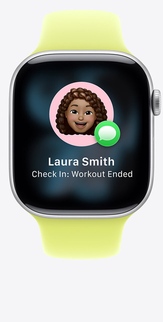 Apple Watch Series 11, aluminiumboett i silver, Avstämning-förslag i iMessage, sportband i neongult