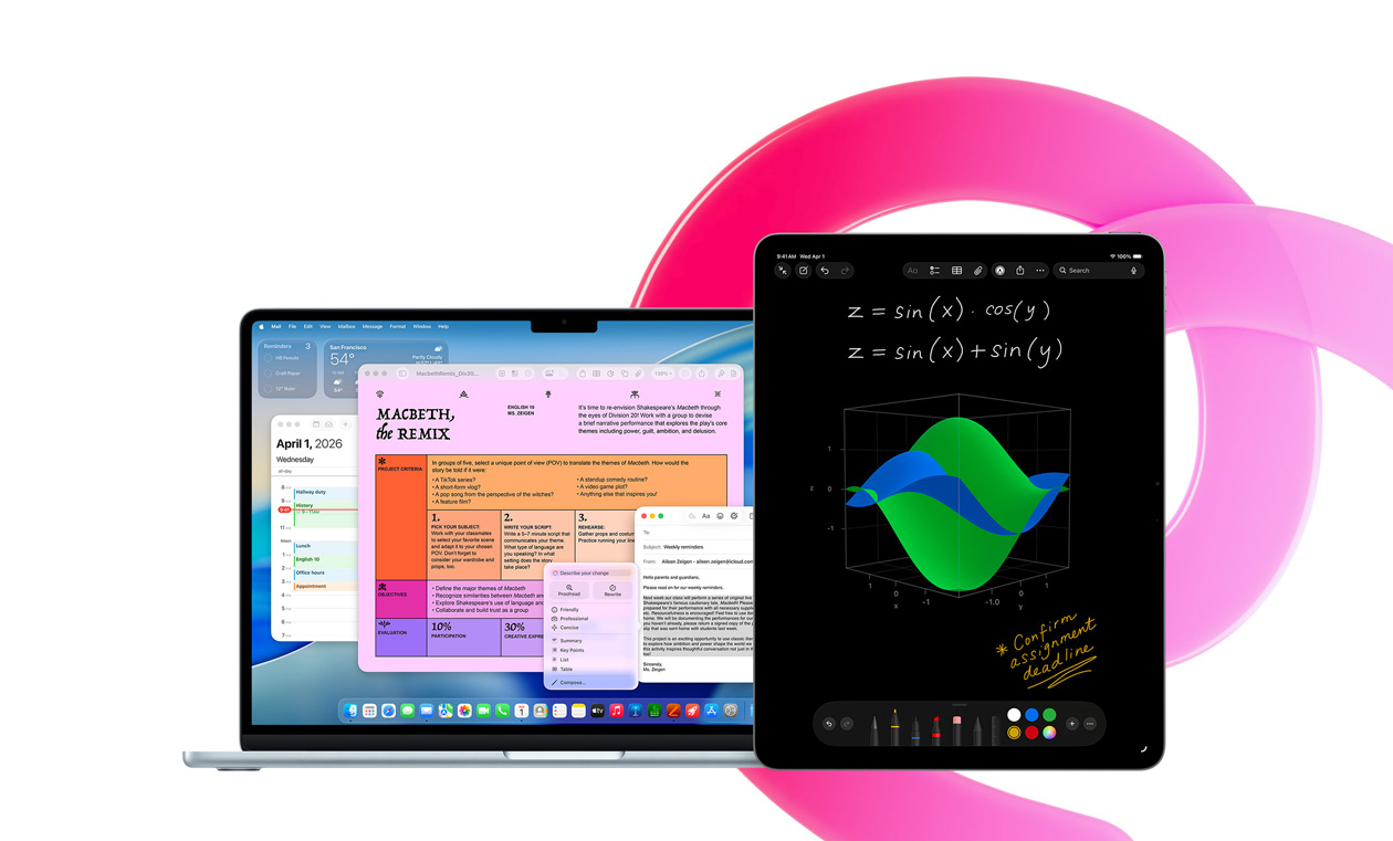 Un MacBook Air affiche Pages, Calendrier, Alertes et Mail à côté d’un iPad montrant des équations manuscrites dans Notes mathématiques, illustrant la productivité avec les apps intégrées