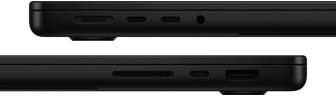 Παρουσίαση των θυρών στο MacBook Pro — αριστερή πλευρά: Magsafe 3, δύο θύρες Thunderbolt και υποδοχή ακουστικών — δεξιά πλευρά: υποδοχή κάρτας SDXC, μία θύρα Thunderbolt και HDMI