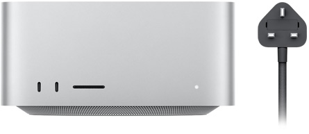 Mac Studio, front, two USB-C ports, SDXC card slot, status indicator light, tapered base at bottom, flat top, rounded sides, straight edges, silver color, black power cord with three-prong power plug