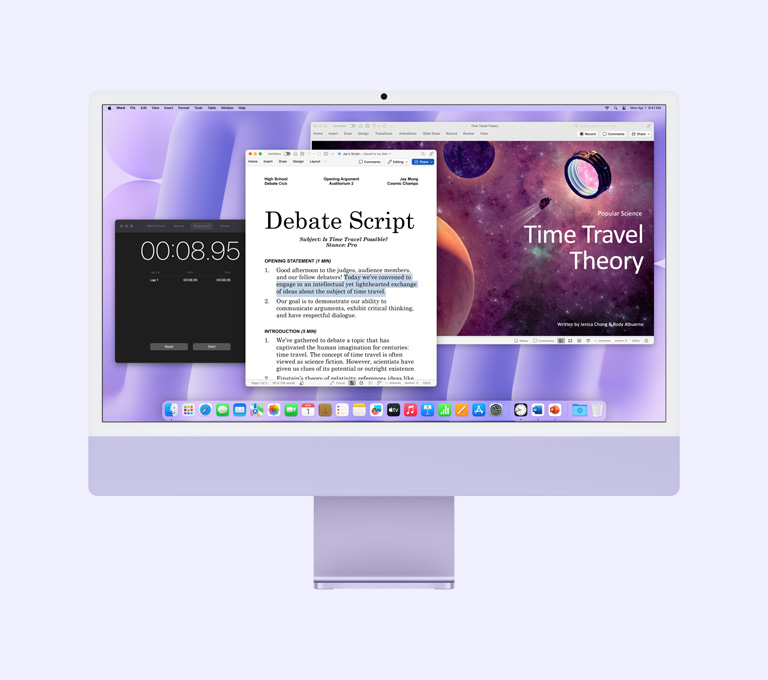 Ljubičasti iMac: na zaslonu se prikazuju aplikacije Microsoft Word, Microsoft PowerPoint i Sat