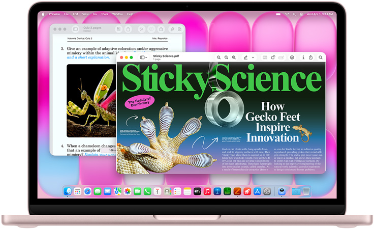 Prikaz MacBooka Neo u rumenoj boji, na čijem se zaslonu prikazuju članak na temu biomimikrije i kviz slične tematike