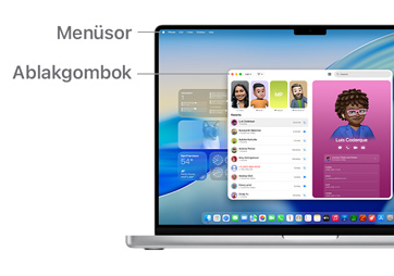 A macOS navigációs lehetőségeiről készült bemutató, benne a MacBook képernyőjének tetején található menüsorral és a Dockkal.