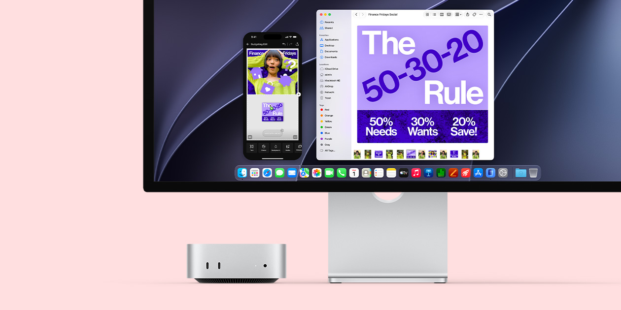 Bagian depan Mac mini perak yang memperlihatkan port depan dan lampu indikator, pas diletakkan di bawah monitor Mac yang memperlihatkan layar penuh warna dan ikon aplikasi di Dock