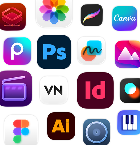 An array of creativity app icons, including Adobe Illustrator, Canva, CapCut and Figma
