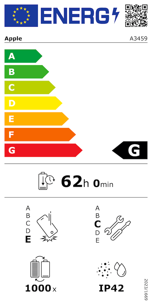 ES energijos vartojimo klasės QR kodas ir informacija, „Apple“ modelis A3459, G klasė, energijos vartojimo klasės (skalė nuo A iki G), nuo A (didžiausias efektyvumas) iki G (mažiausias efektyvumas), baterijos veikimo trukmė vienu ciklu, 62 val. ir 0 min. esant visiškai įkrautai baterijai, patikimumo kartotinio laisvojo kritimo atveju klasė E, nuo A (didžiausias patvarumas) iki E (mažiausias patvarumas), taisomumo klasė C, nuo A (labiausiai pritaikytas remontuoti) iki E (mažiausiai pritaikytas remontuoti), 1 000 baterijos veikimo ciklų, apsaugos nuo dulkių ir vandens (IP) klasė IP42, reglamentas 2023/1669