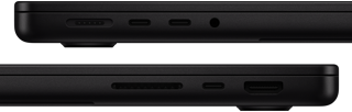 صورة تعرض منافذ MacBook Pro - الجهة اليسرى: MagSafe 3، و2 من منافذ ثندربولت، ومقبس لسماعات الرأس - الجهة اليمنى: فتحة بطاقة SDXC، ومنفذ ثندربولت واحد، وHDMI