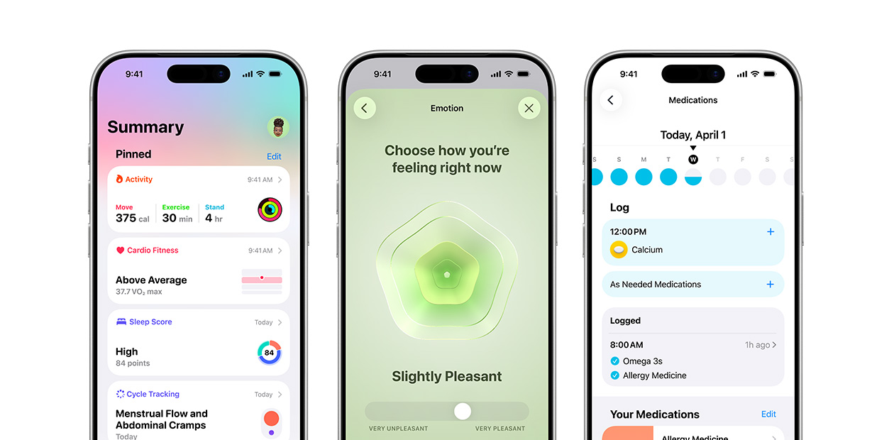 Three iPhones displaying the Apple Health app.
