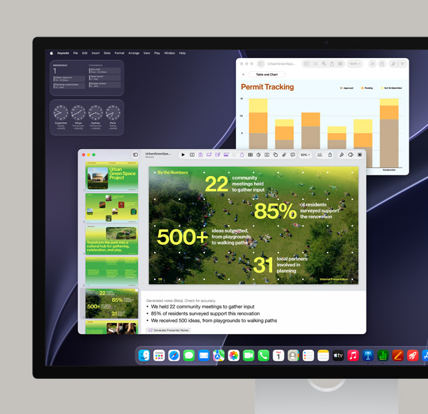 Colourful screen showing various apps in the Dock and Safari and Adobe Acrobat activity