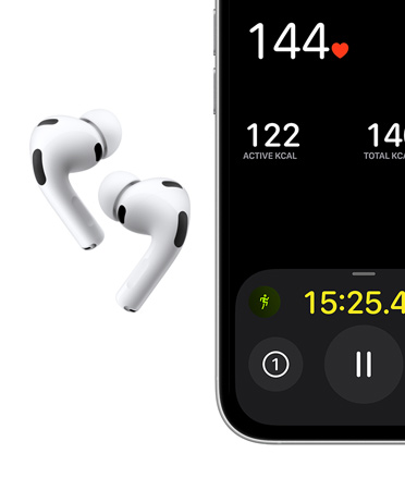 AirPods Pro 3 w kolorze białym, wkładki douszne, silikonowe końcówki i mikrofon, na iPhonie widać trening Bieg (plener)