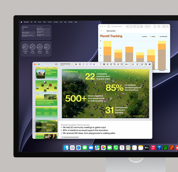 Kolorowy ekran pokazujący różne aplikacje w Docku i Safari oraz pracę w aplikacji Adobe Acrobat