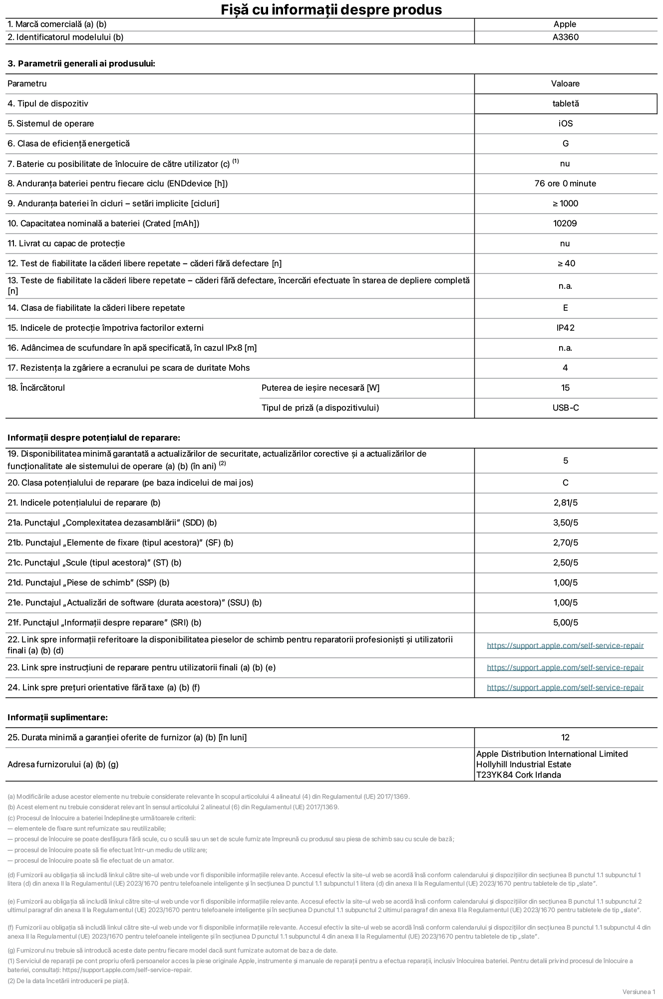 Fișa cu informații despre produs pentru iPad Pro M5 Wi-Fi de 13 inchi, modelul A3360. Furnizată de Apple Distribution International Limited, Hollyhill Industrial Estate. Cork, Irlanda, T23 YK84. Tipul de dispozitiv: tabletă. Sistemul de operare: iOS. Clasa de eficiență energetică: G. Baterie cu posibilitate de înlocuire de către utilizator: nu. Anduranța bateriei pentru fiecare ciclu: 76 de ore. Anduranța bateriei în cicluri – setări implicite: mai mare sau egală cu 1000. Capacitate nominală a bateriei: 10,209 miliamperi-oră. Livrat cu capac de protecție: nu. Test de fiabilitate la căderi libere repetate – căderi fără defectare: mai mare sau egal cu 40. Test de fiabilitate la căderi libere repetate – căderi fără defectare, încercări efectuate în starea de depliere completă: nu se aplică. Clasa de fiabilitate la căderi libere repetate: E. Indicele de protecție împotriva factorilor externi: IP42. Adâncimea de scufundare specificată în apă, în cazul IPx8: nu se aplică. Rezistența la zgâriere a ecranului pe scara de duritate Mohs: 4. Puterea de ieșire necesară pentru încărcător: 15 wați. Tipul de priză pentru încărcător (a dispozitivului): USB-C. Disponibilitatea minimă garantată a actualizărilor de securitate, a actualizărilor corective și a actualizărilor de funcționalitate ale sistemului de operare: 5 ani. Clasa potențialului de reparare: C. Indicele potențialului de reparare: 2,81/5. Punctajul „Complexitatea dezasamblării” (SDD): 3,50/5. Punctajul „Elemente de fixare”: 2,70/5. Punctajul „Scule”: 2,50/5. Punctajul „Piese de schimb”: 1,00/5. Punctajul „Actualizări de software”: 1,00/5. Punctajul „Informații despre reparare”: 5,00/5. Link spre informații referitoare la disponibilitatea pieselor de schimb pentru reparatorii profesioniști și utilizatorii finali: https://support.apple.com/self-service-repair. Link spre instrucțiuni de reparare pentru utilizatorii finali: https://support.apple.com/self-service-repair. Link spre prețuri orientative fără taxe: https://support.apple.com/self-service-repair. Garanție generală oferită: 12 luni.