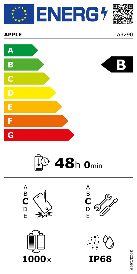 QR kód a informácie na energetickom štítku EÚ, model Apple A3290, trieda B, triedy energetickej účinnosti (so stupnicou od A po G), A (najúčinnejšia) až G (najmenej účinná), výdrž batérie na jeden cyklus, 48 hodín a 0 minút na plné nabitie batérie, trieda spoľahlivosti pri opakovanom voľnom páde C, A (najodolnejšia) až E (najmenej odolná), trieda opraviteľnosti C, A (najopraviteľnejšia) až E (najmenej opraviteľná), výdrž batérie 1000 cyklov, stupeň ochrany proti vniknutiu prachu a vody (IP) IP68, nariadenie 2023/1669