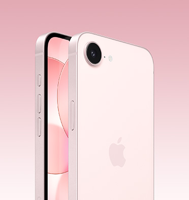 F ด้านหน้าและด้านหลังของ iPhone 17e สีชมพูอ่อน,หน้าจอด้านหน้าบางส่วน, ด้านหลังแบบเต็มพร้อมโลโก้ Apple และกล้องเดี่ยว, ด้านข้างแสดงปุ่มแอ็คชั่น ปุ่มปรับระดับเสียง และปุ่มด้านข้าง