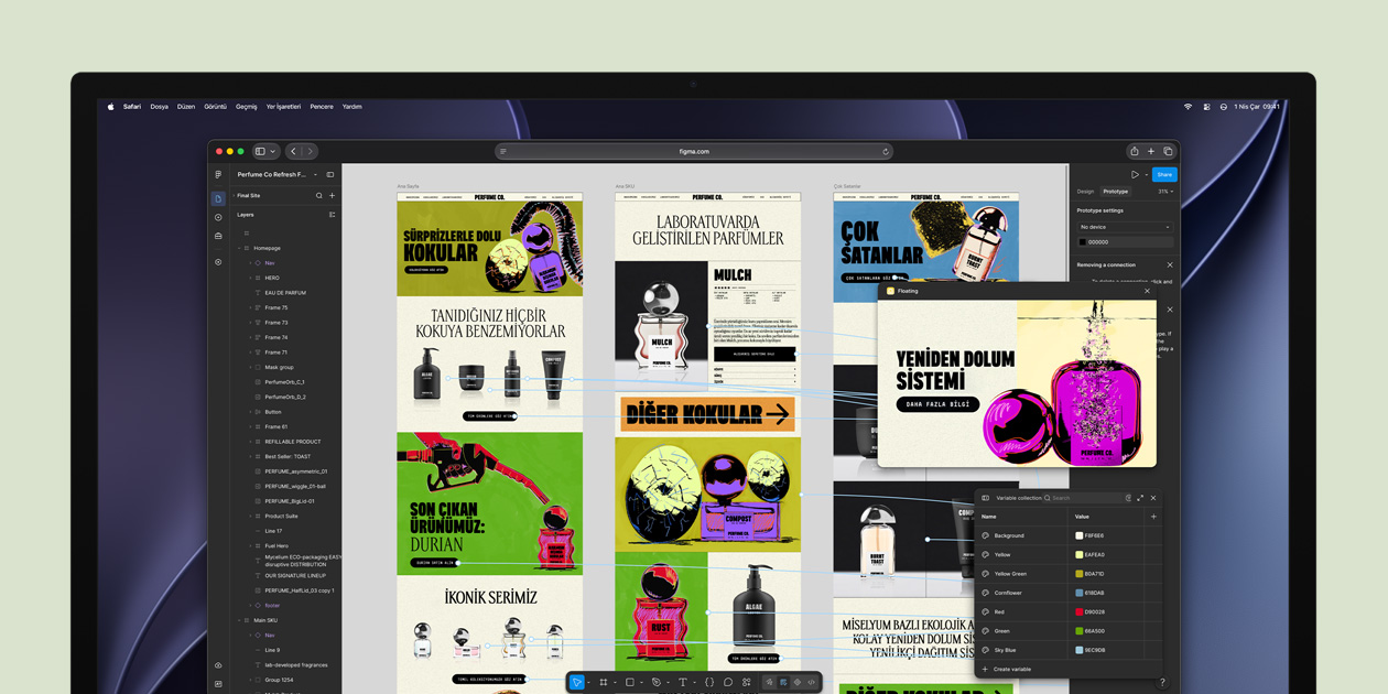 Safari web tarayıcısının açık olduğunu ve Figma.com’da bir tasarım projesi üzerine çalışıldığını gösteren ekran