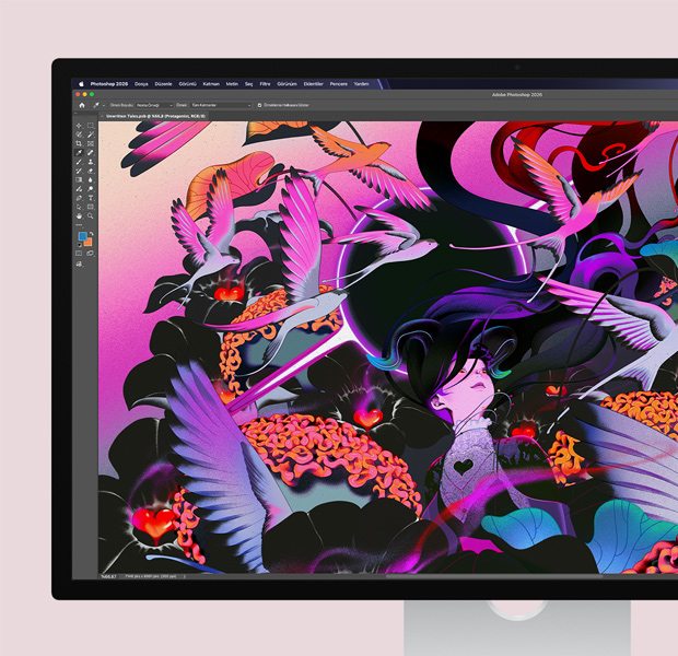 Adobe Photoshop’ta renkli bir görselin açık olduğunu gösteren ekran