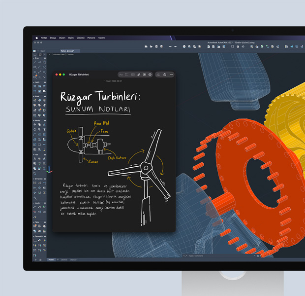 Üzerinde notlar ve çizimlerin bulunduğu bir Autodesk AutoCAD projesinin açık olduğunu gösteren ekran