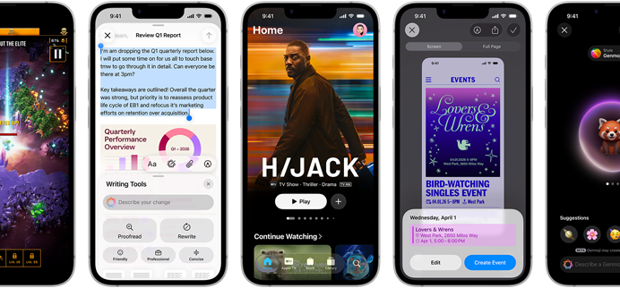 Два iPhone 17e, на екранах яких відображаються різні вікна: гра, функція «Засоби письма», додаток Apple TV, створення події в календарі, створення Genmoji