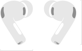 Szkic AirPods Pro 3, lewa i prawa słuchawka bezprzewodowa z silikonowymi wkładkami, mikrofony redukujące hałas, wysokość w calach i milimetrach, szerokość w calach i milimetrach