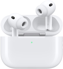 AirPods Pro 3 y estuche de carga MagSafe (USB-C), diseño redondeado, indicador de carga LED, estuche abierto, color blanco, audífonos inalámbricos con almohadillas de silicona, parte inferior con las letras L y R