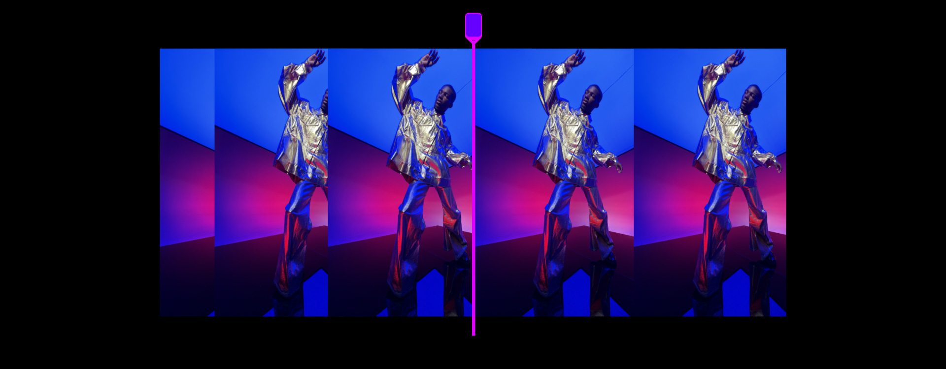 Timeline de vídeo de uma pessoa com roupa prateada em frente a um fundo azul e magenta, com os controles de recorte do Final Cut Pro