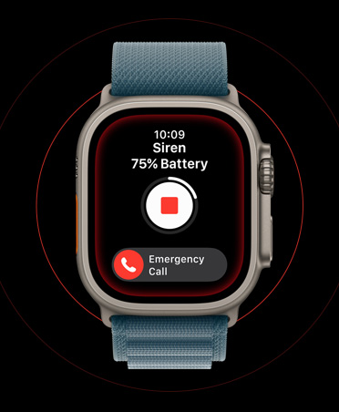 Apple Watch Ultra 3, värinä luonnontitaani, titaanikuori, aktivoitu sireeninäyttö, pysäytys- ja Hätätila SOS ‑puhelupainike, ankkurinsininen Alpine-rannike