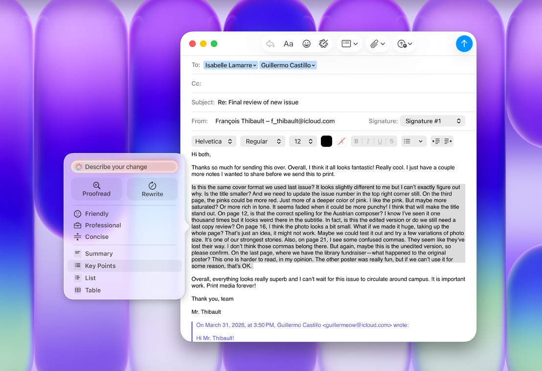 メールアプリでApple Intelligenceの作文ツールパネルを開いており、「要点」のオプションがハイライトされている