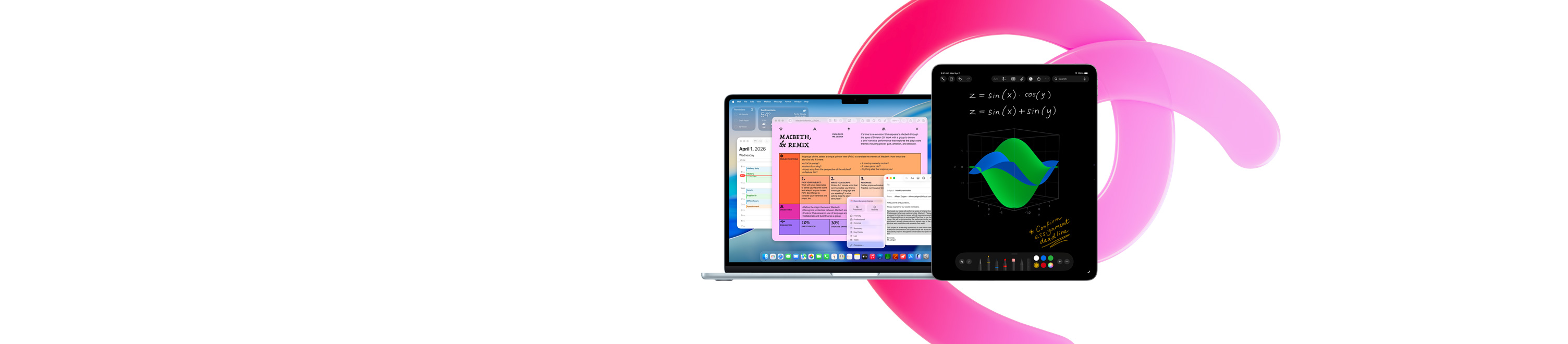 MacBook Air 正顯示 Pages、日曆、提示和郵件，旁邊的 iPad 則顯示數學備忘錄中的手寫方程式，以展示內置 app 的生產力