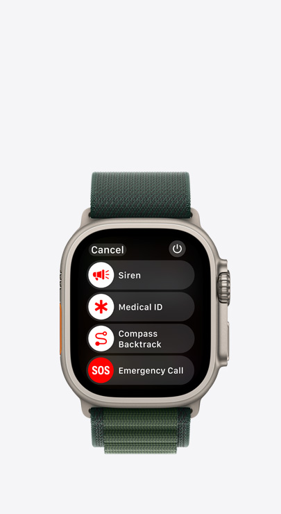 En Apple Watch med en liste over funksjoner som kan brukes i en nødsituasjon: Sirene, Nødinfo, Spor tilbake med kompass og Nødanrop