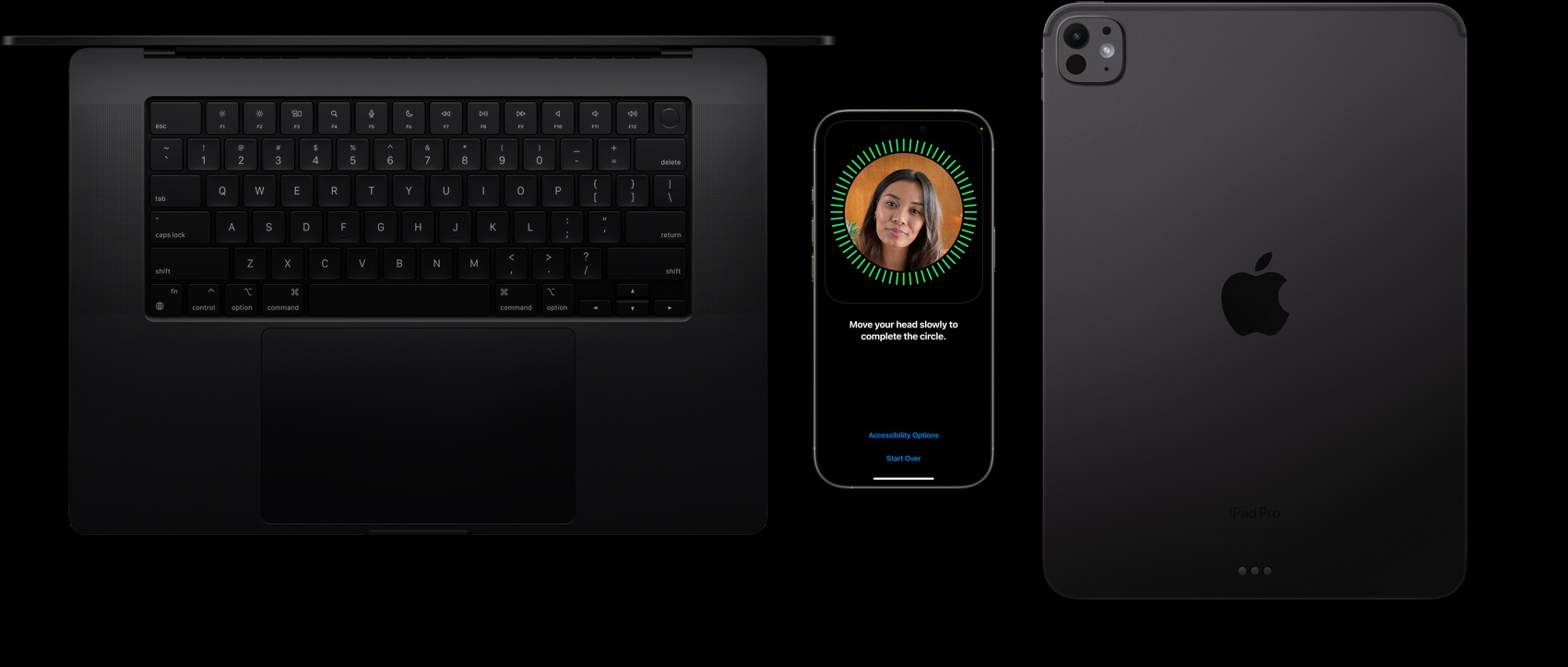 En MacBook i stellarsvart, en iPhone i naturlig titan og en iPad i stellarsvart ligger side om side, og iPhonen viser oppsett av Face ID