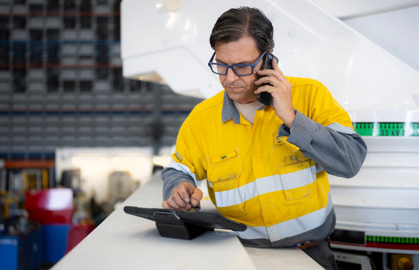Funcionário num armazém da empresa com um iPhone encostado ao ouvido enquanto trabalha no iPad