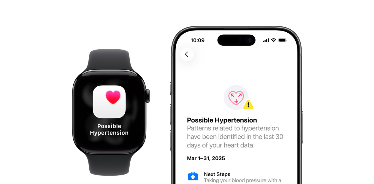Une Apple Watch et un iPhone affichant des notifications d’une possible hypertension.