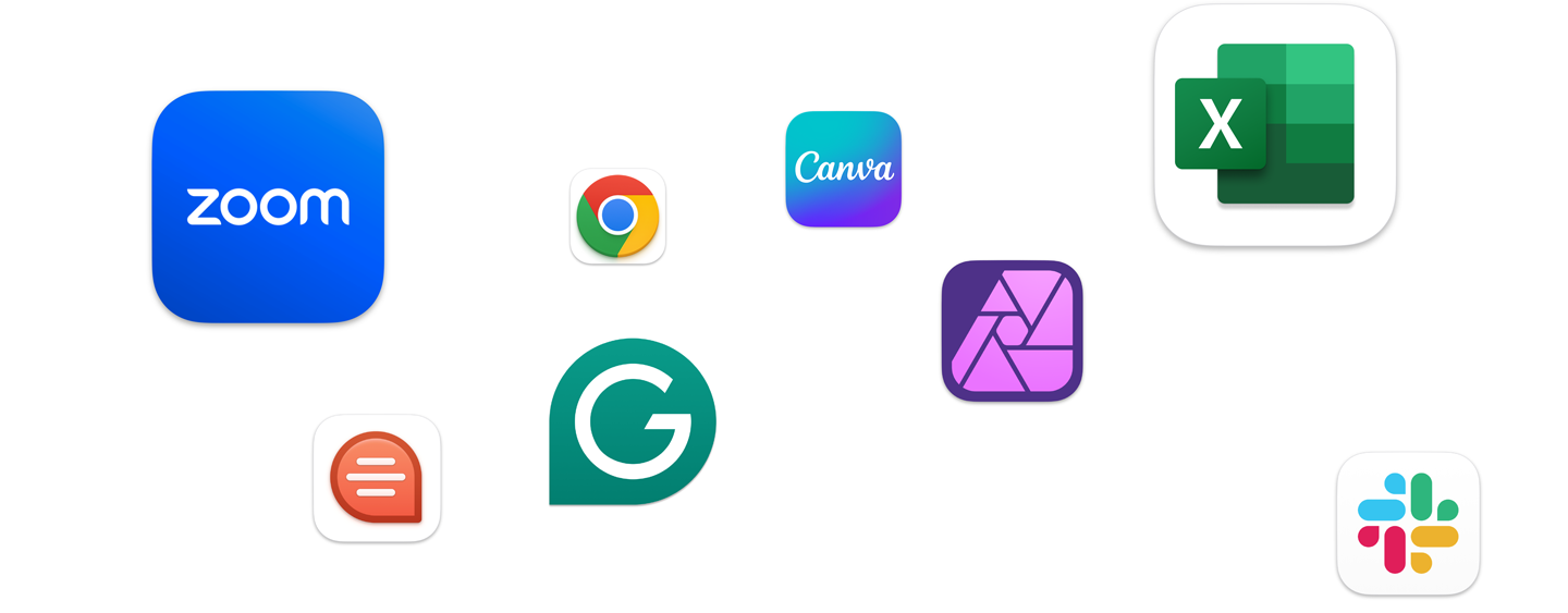 Vários ícones de apps flutuantes na tela, incluindo Zoom, Canva, Microsoft Excel e Adobe Photoshop